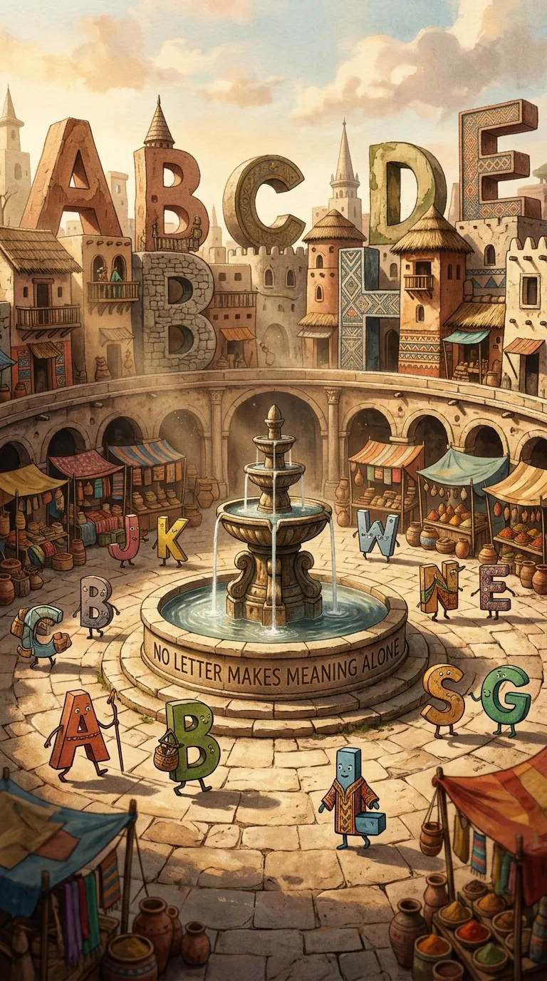 Alphabet Commons with walking letter characters and a fountain