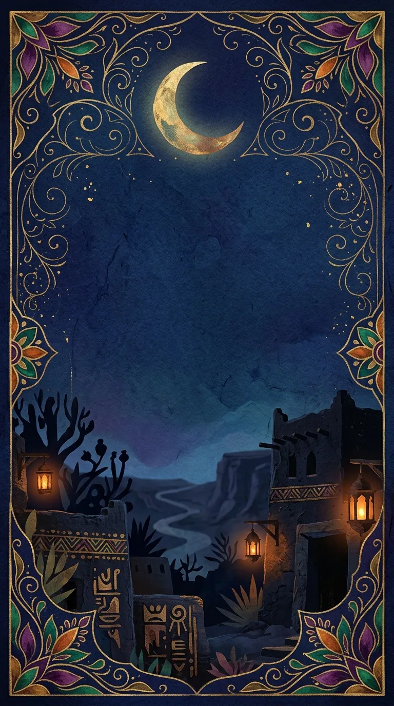 A crescent moon over the ancient city at night