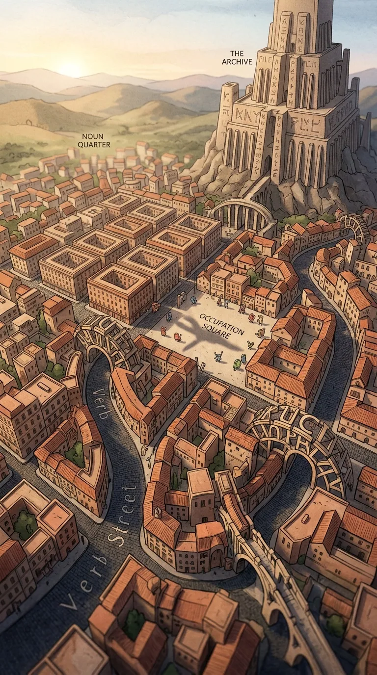 Illustrated aerial atlas of the City of Alphabets, Noun Quarter, Occupation Square, and the Archive