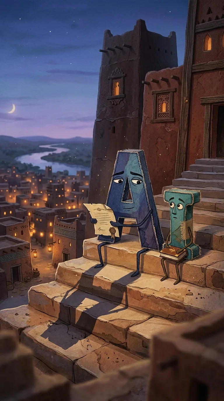 Two letters sitting together in the City of Alphabets at twilight