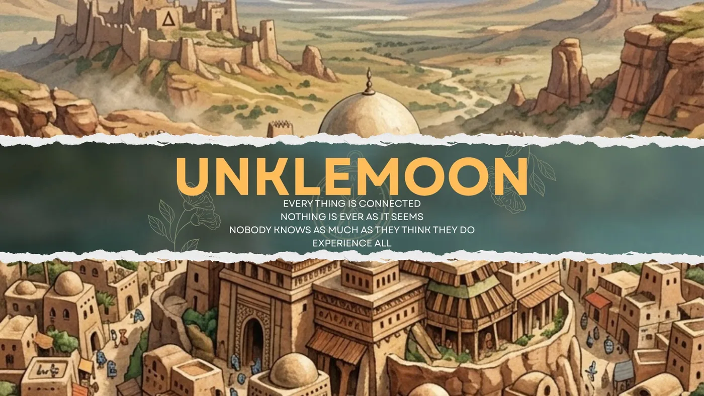 Unklemoon original illustrated banner with the mottos Everything is connected, Nothing is ever as it seems, Nobody knows as much as they think they do, Experience all
