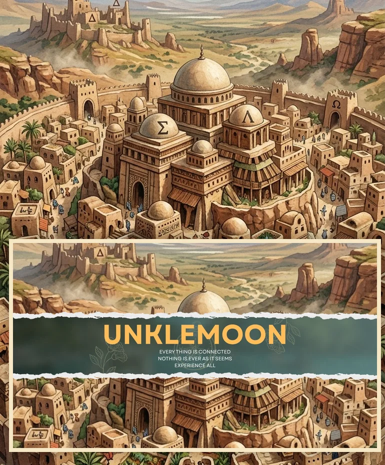 Original ancient City of Alphabets painting paired with the Unklemoon banner